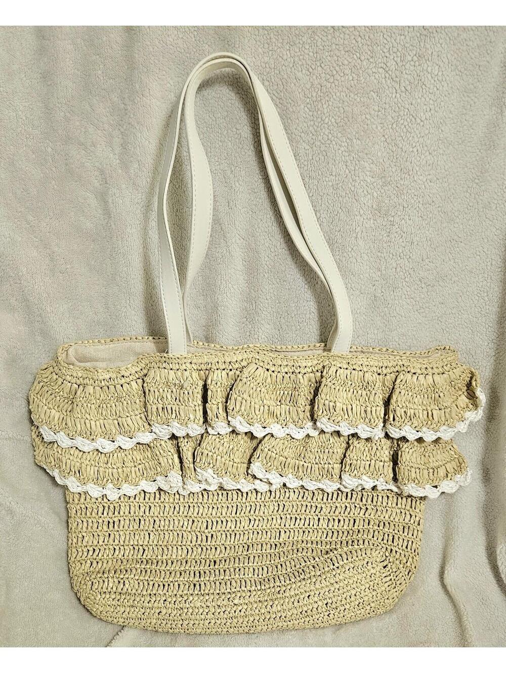 Womens Haute Hippie RUFFLE TOTE Bag Beige Purse Bohemian Beach Shoulder Bag
